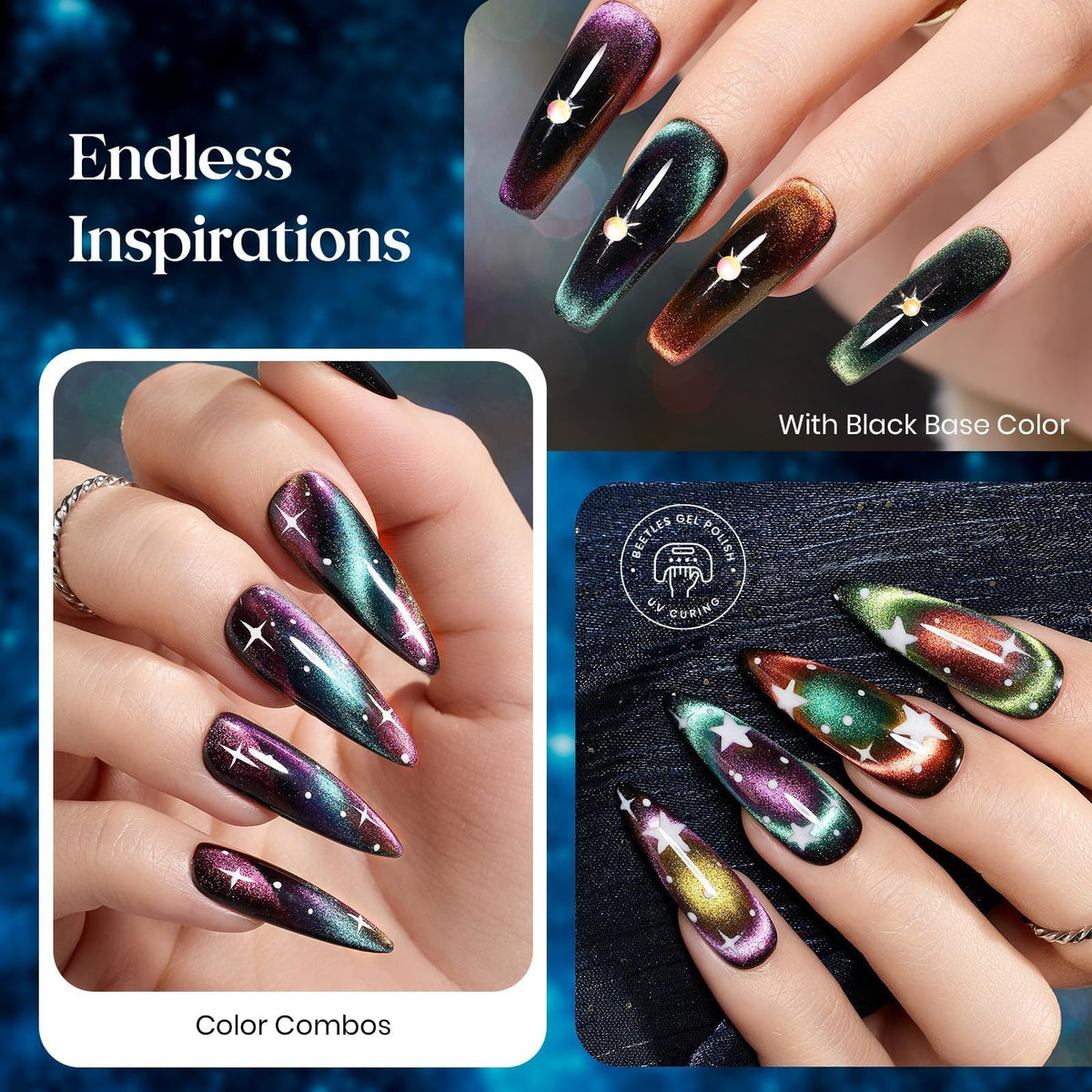 Beetles Cat Eye base layer shown as foundation for rich color shifts.