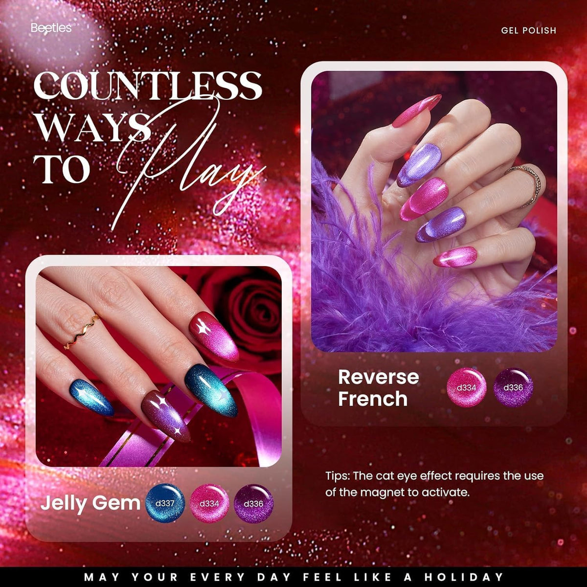 Base coat and top coats for Beetles Cat Eye Gel Polish provide smooth finishes