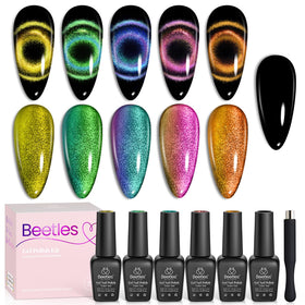 Beetles Cat Eye Gel Polish Set with six color-shifting shades for versatile nail looks.
