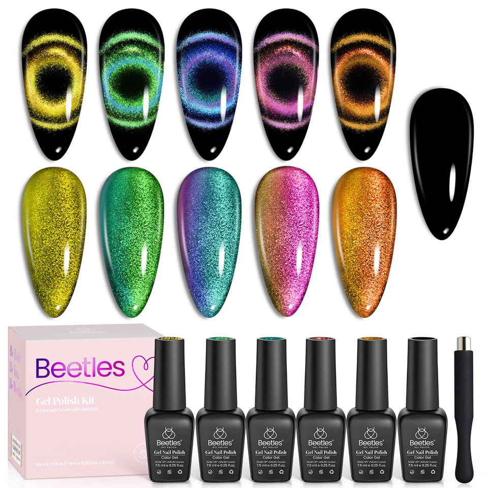 Beetles Cat Eye Gel Polish Set with six color-shifting shades for versatile nail looks.