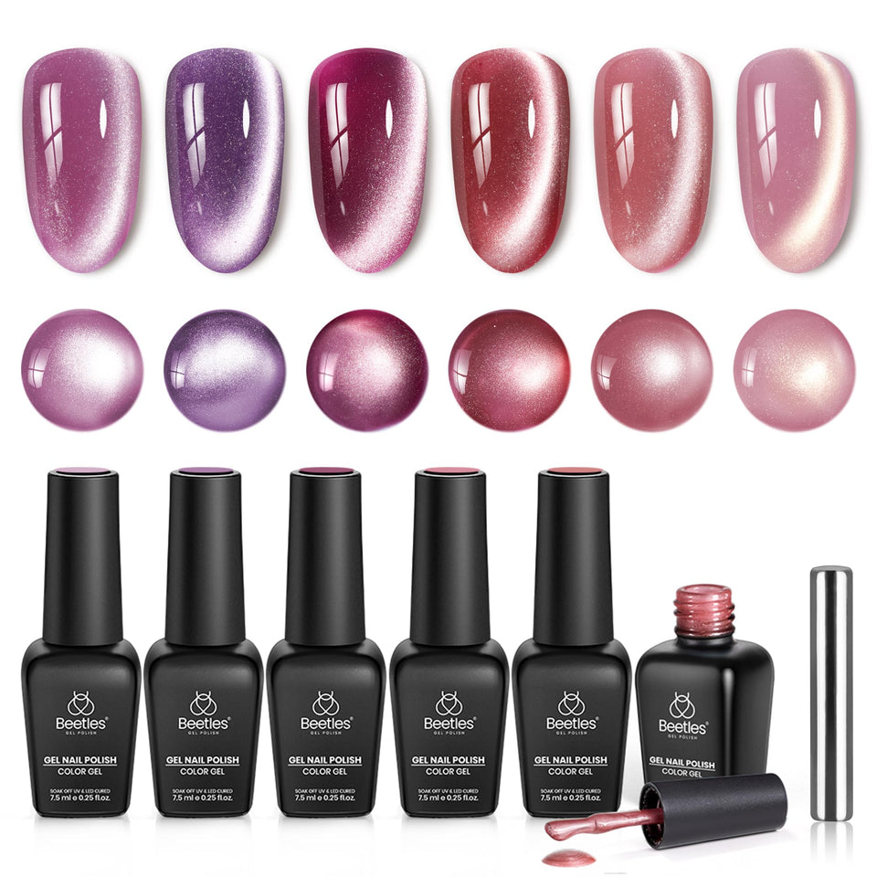 Beetles Cat Eye Gel Polish Nail Set with six colors for a radiant cat eye shimmer and long wear