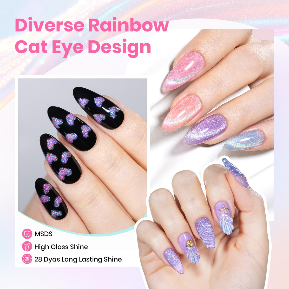 Beetles Cat Eye Rainbow Halo shows color-shift drama under light.