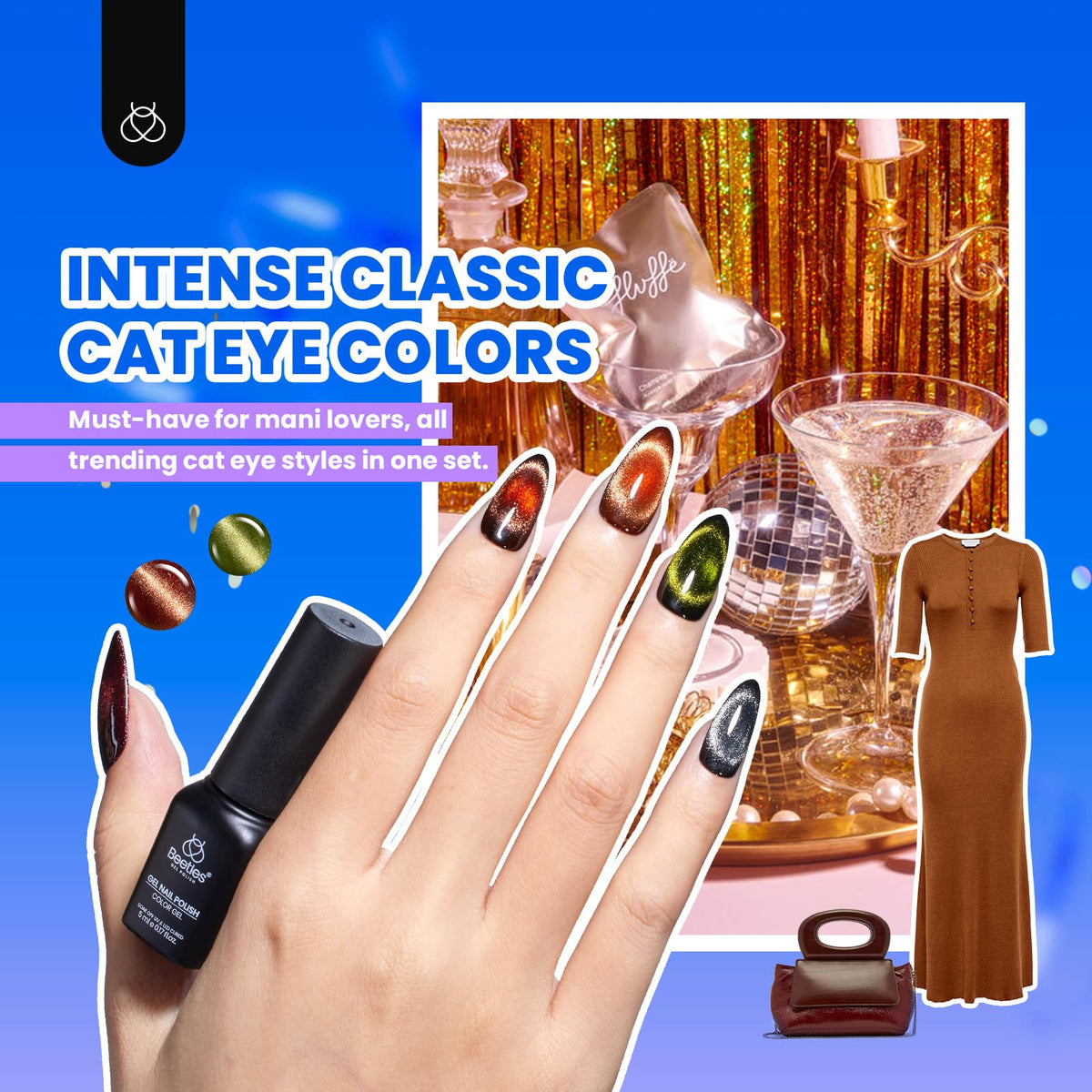 Base coat and top coats from Beetles Cat Eye Gel Nail Polish Kit deliver lasting shine.