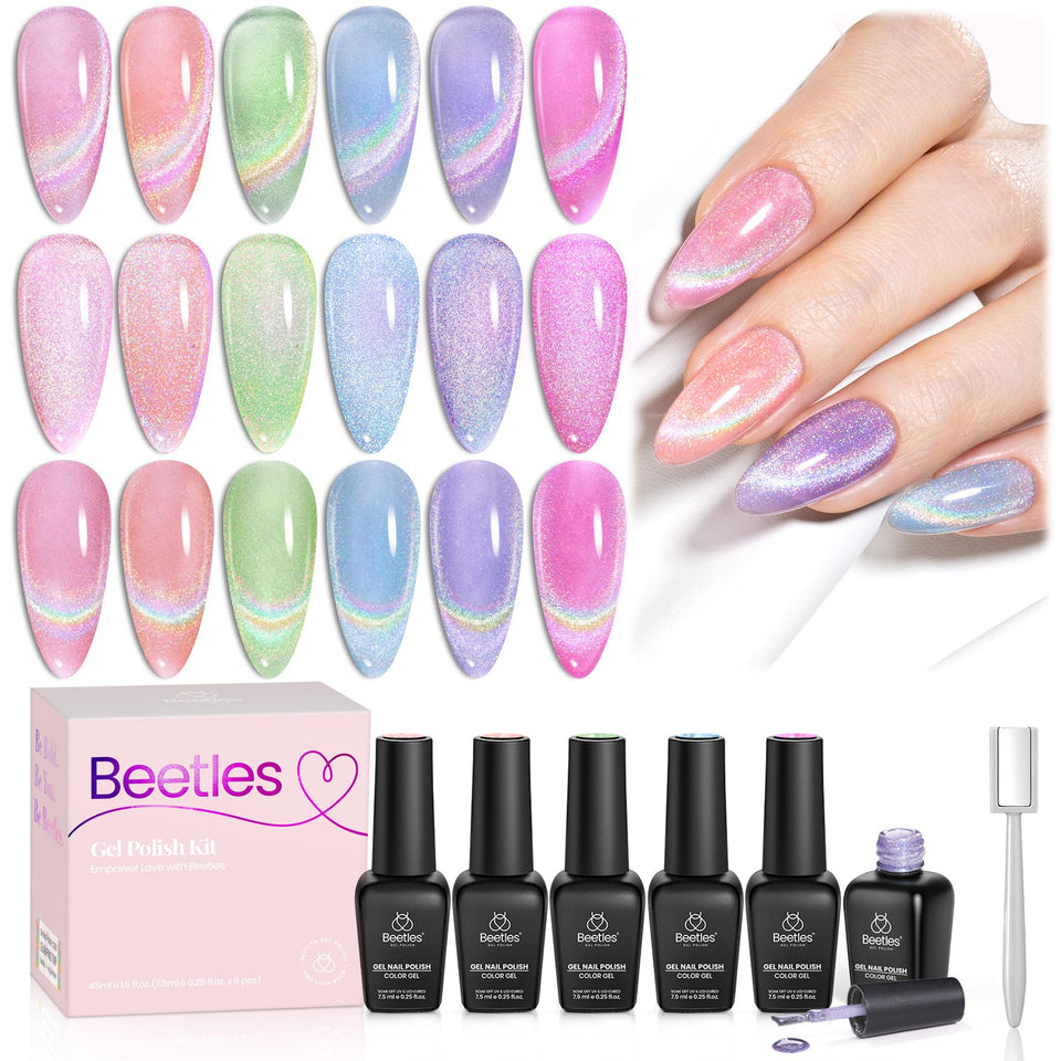 Beetles Cat Eye Pink gel polish with iridescent shimmer for chic nails.