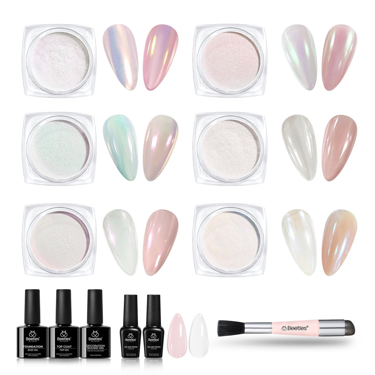 Beetles Chrome Nail Powder Aurora Pearl kit six colors for radiant mirror-like nails