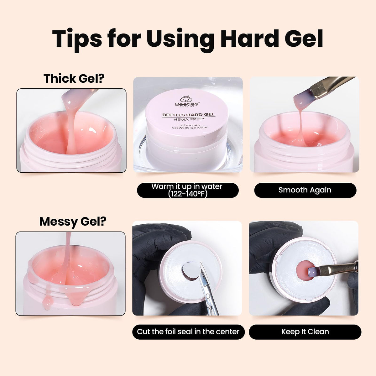 Beetles clamps and tools with gel shows stable sculpting during nail building.