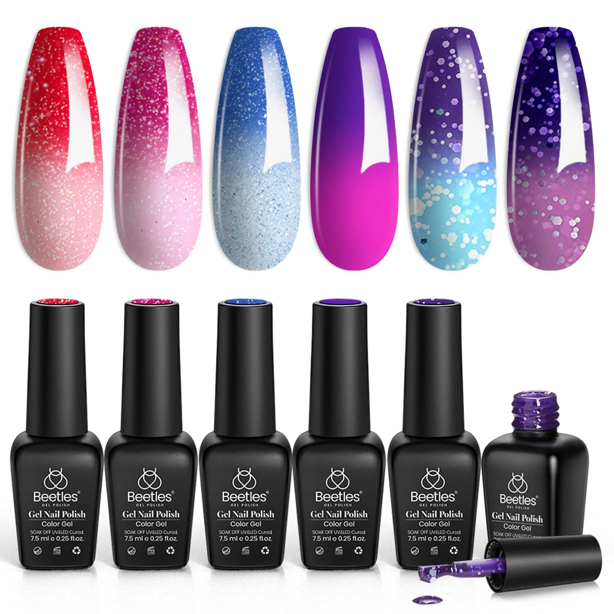 Beetles color changing gel nail polish set in six shades showing temperature-activated color shift