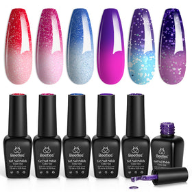 Beetles color changing gel nail polish set in six shades showing temperature-activated color shift