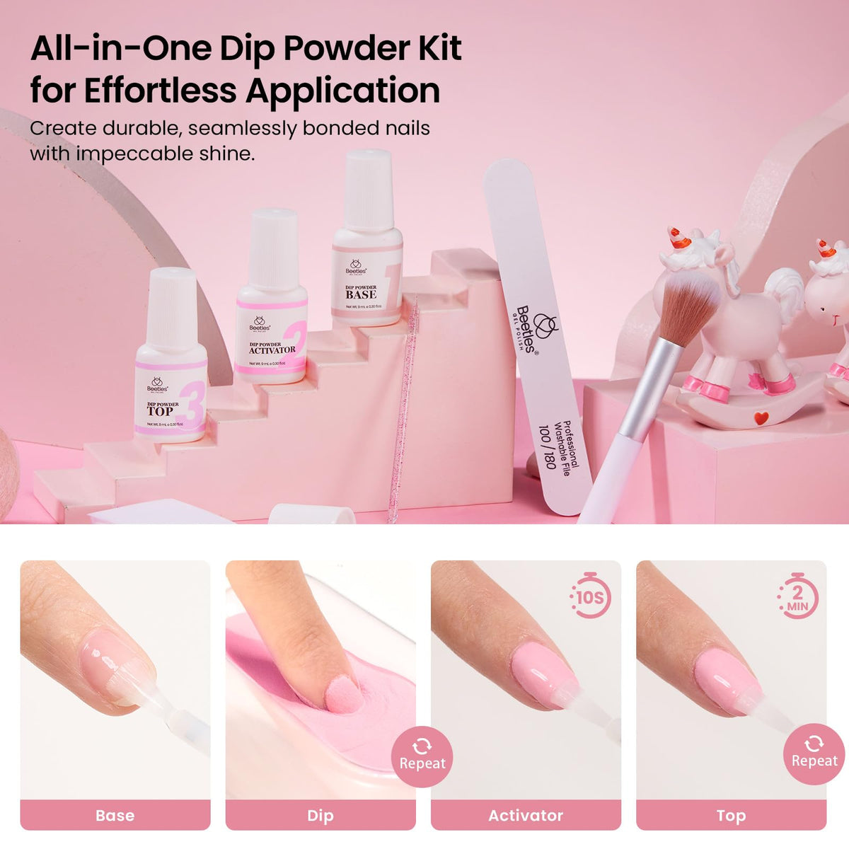 Beetles Dip Powder activator helps secure durable topcoat and long-lasting wear.