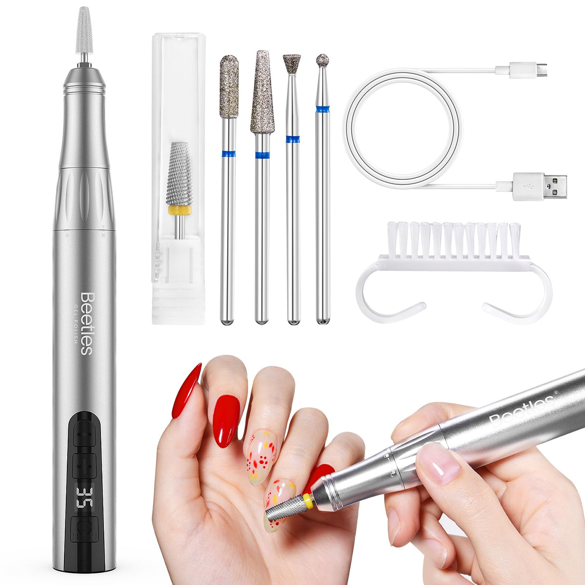 Beetles Electric Cordless Nail Drill in use for precise shaping on natural nails