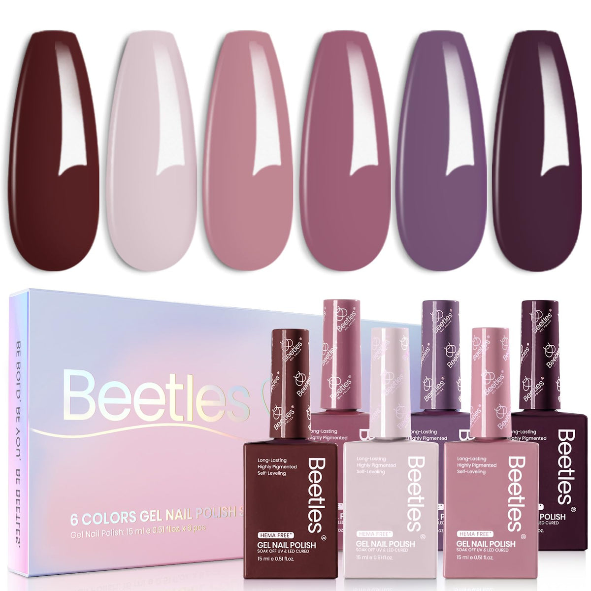 Beetles Emotional Symphony six-color gel polish bottles display vibrant hues for day-to-night nails.