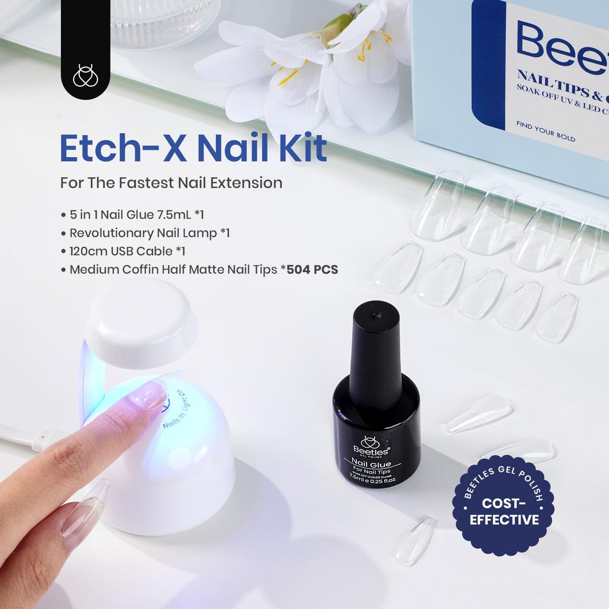 Beetles Etch X nail tips close-up showing frosted texture
