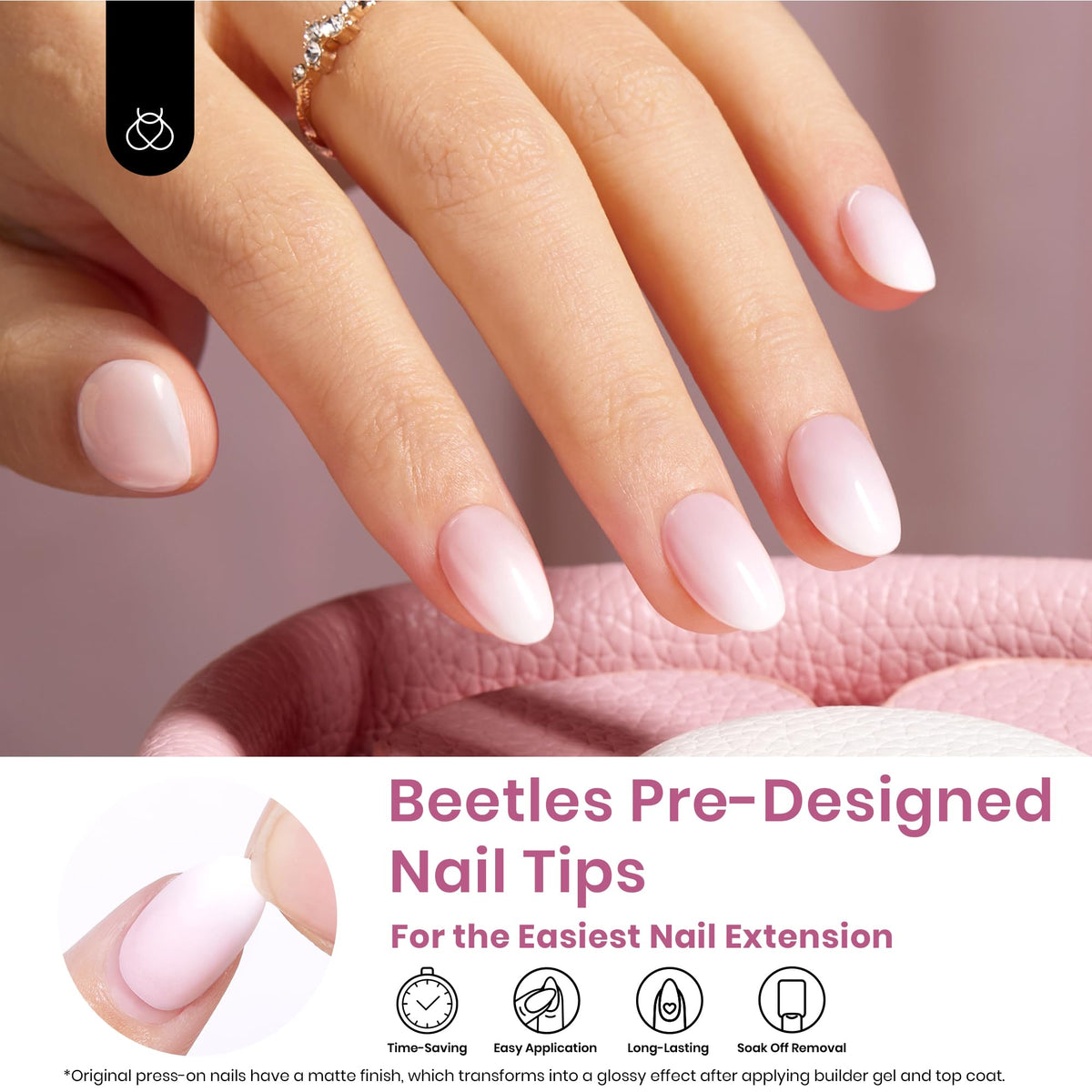 Beetles extra-short almond nails in ombre pink for comfortable daily wear