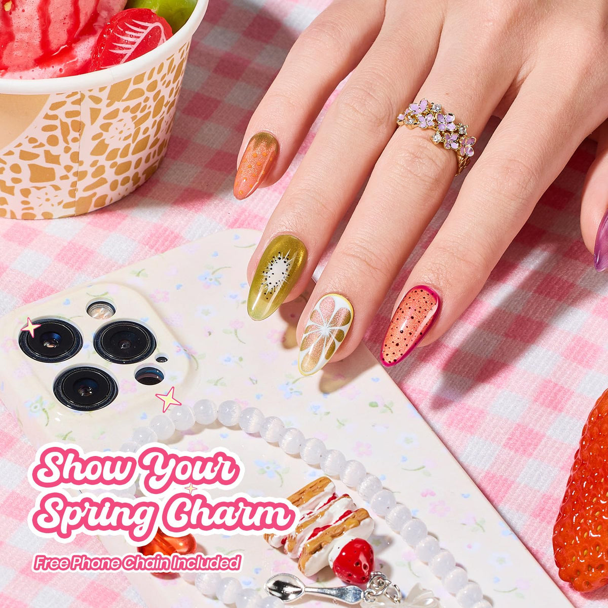 Beetles fruit inspired hanging charm adds a playful nail art accessory