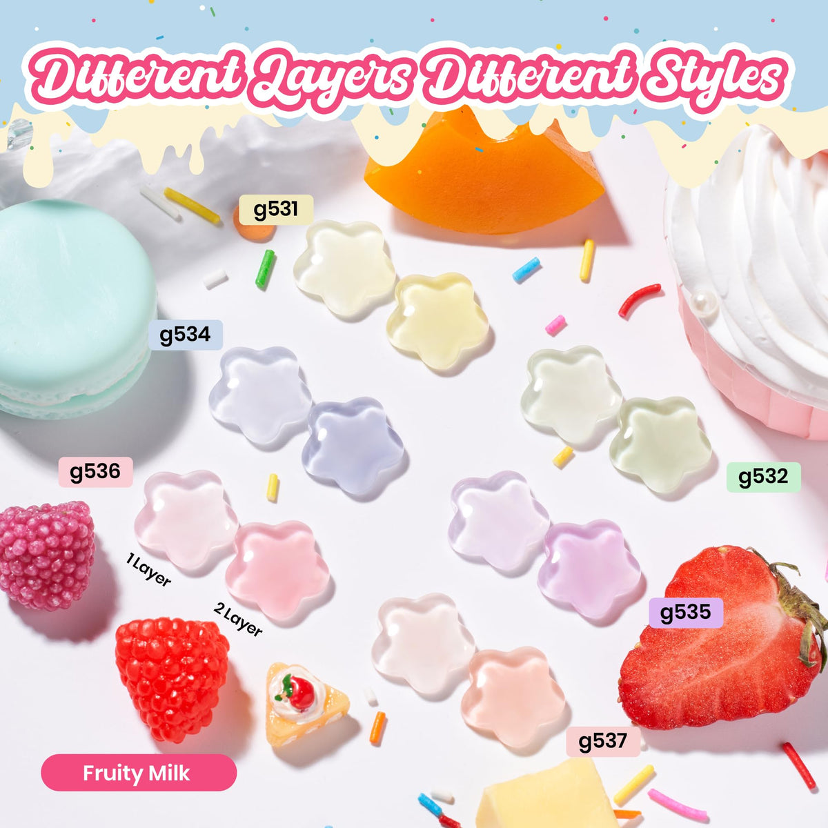 Beetles Fruity Milk Jelly color swatch showing six translucent pastels on glossy base.
