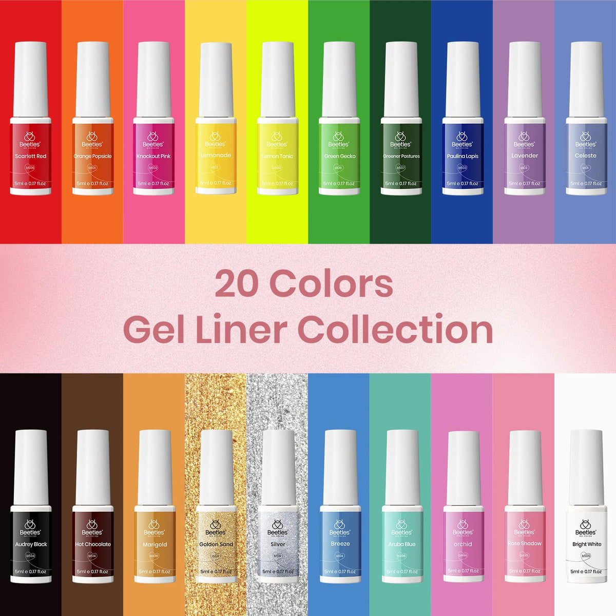 Beetles Gel Liner kit includes base and top coats for lasting shine.
