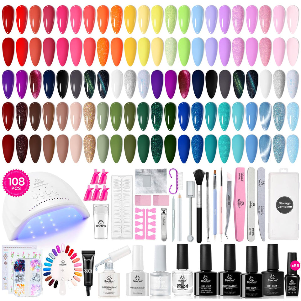 Beetles Gel Nail Polish Kit with 108 pieces in front packaging, great value