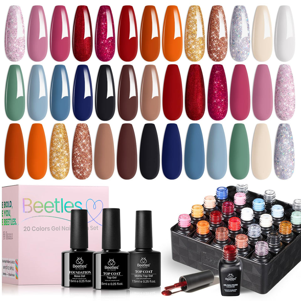 Beetles gel polish kit offers 23 colors in a convenient bottle collection for DIY manicures.