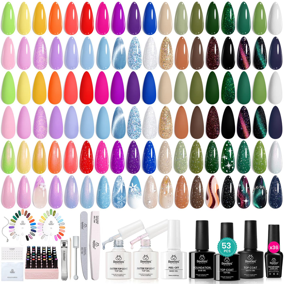 Beetles gel nail polish kit 36 colors swatches show vibrant summer pastels for chic nails.