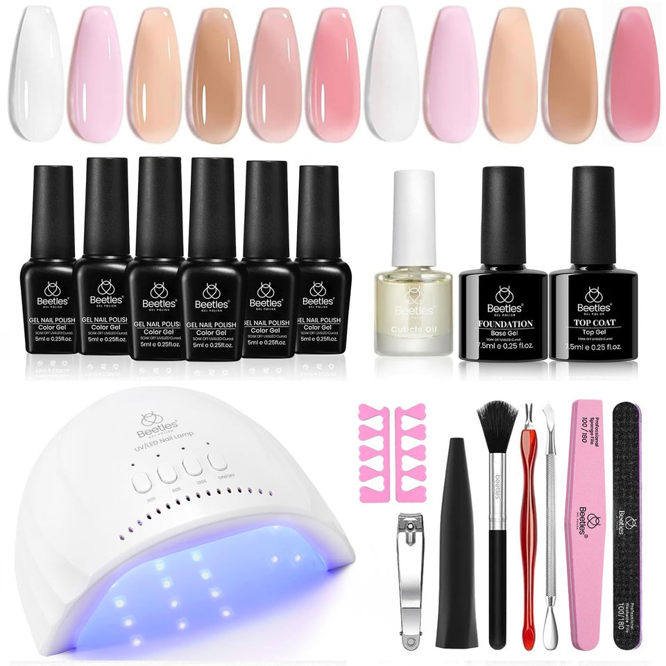 Beetles Gel Nail Polish Kit with UV LED Light displays six color bottles for at-home manicures