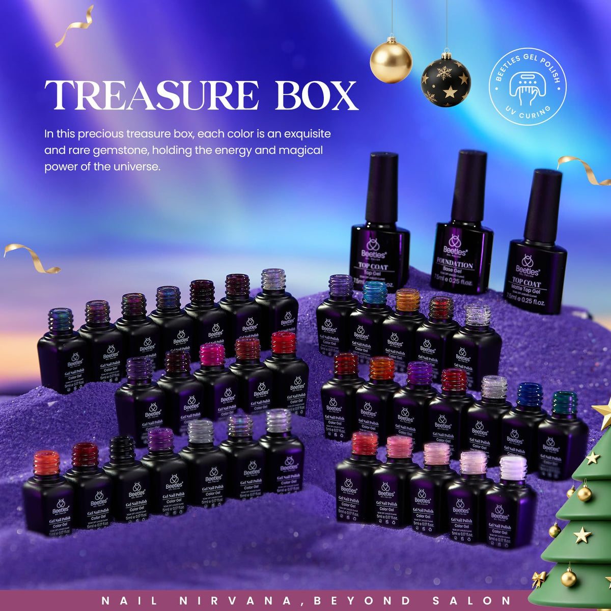 Beetles mini bottles displayed on treasure box for versatile nail colors