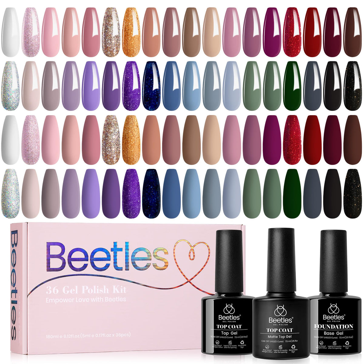 Beetles Gel Nail Polish Set 36 Colors bottle display showing rich hues for versatile manicures.