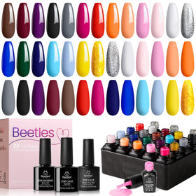 Beetles Gel Polish 20-color set closeup, vibrant shades for nail art at home.
