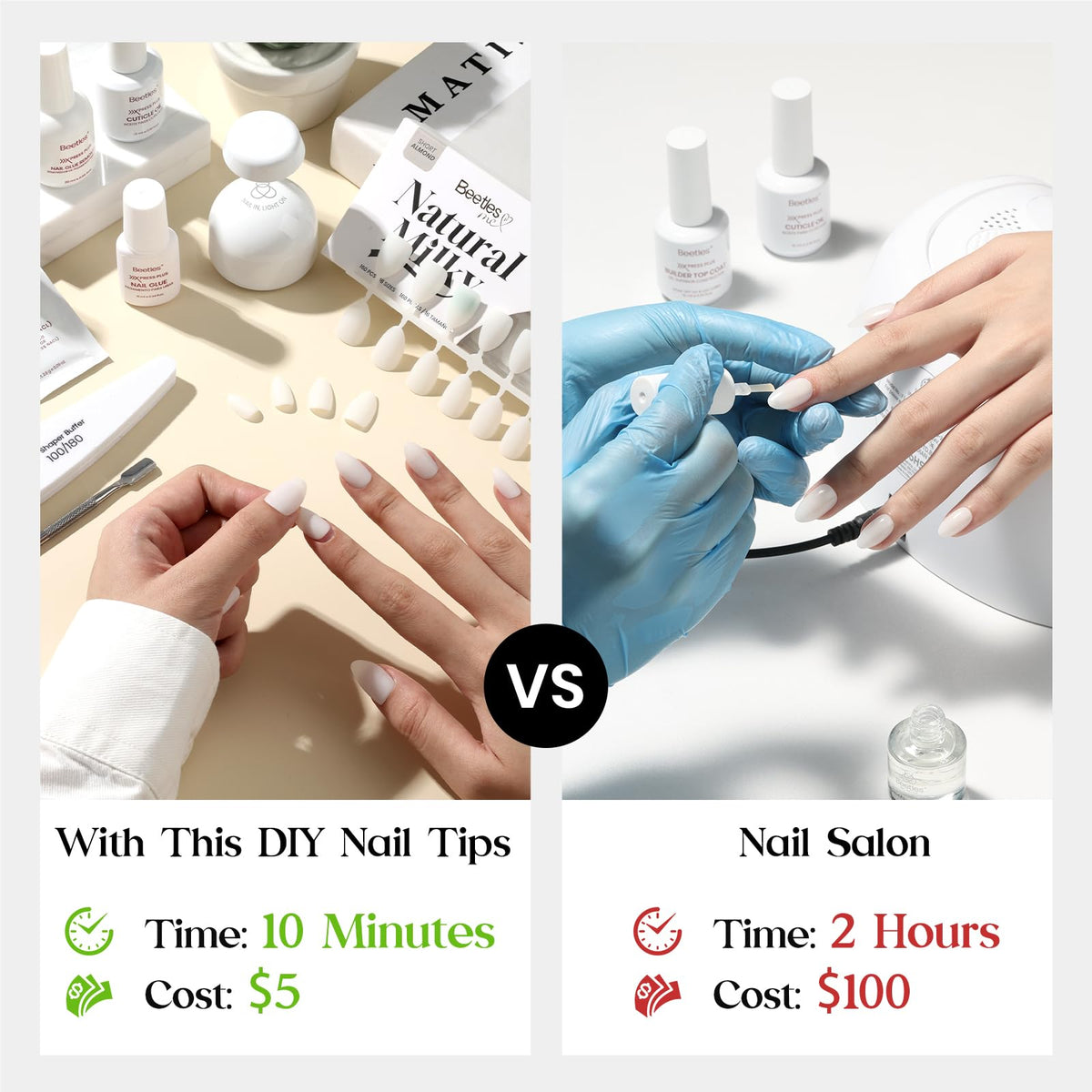 Beetles Gel Polish milky-white press-on nails come pre-colored with full-cover tips