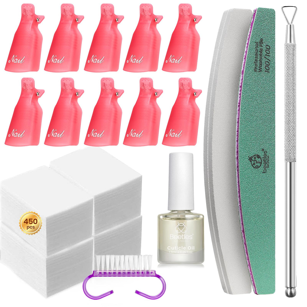 Beetles Gel Polish Remover Kit wipes closeup for quick, clean removal.