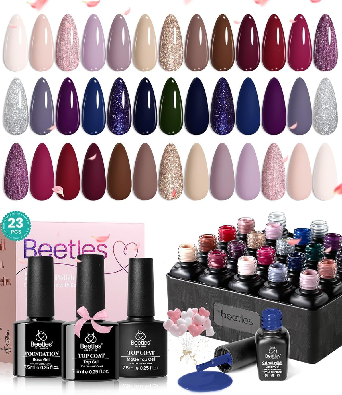 Beetles Gel Polish Set swatches with 20 colors for versatile manicures