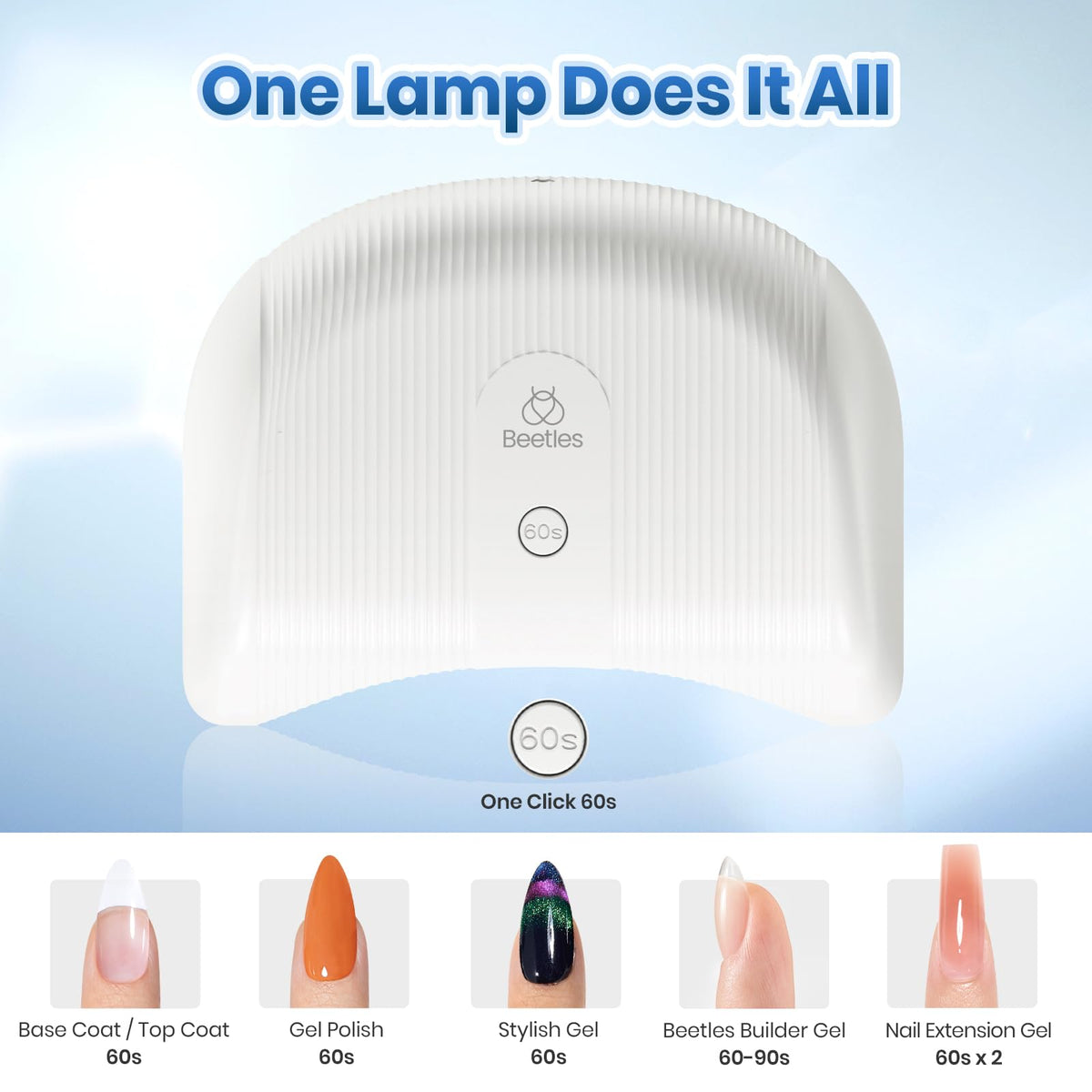 Beetles gel polish lamp supports base coat, color, and top coat curing