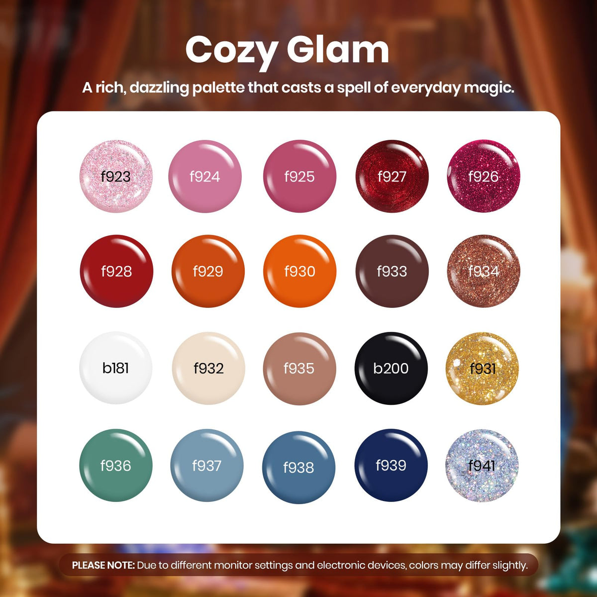 Beetles glowing attraction palette display shows 20 gel colors for versatile finishes.