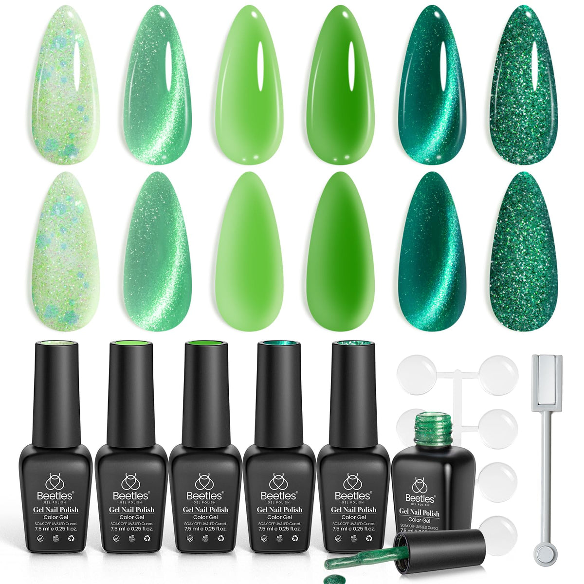 Beetles Green Gel Nail Polish Set with six colors, ideal for DIY nails and salon at home