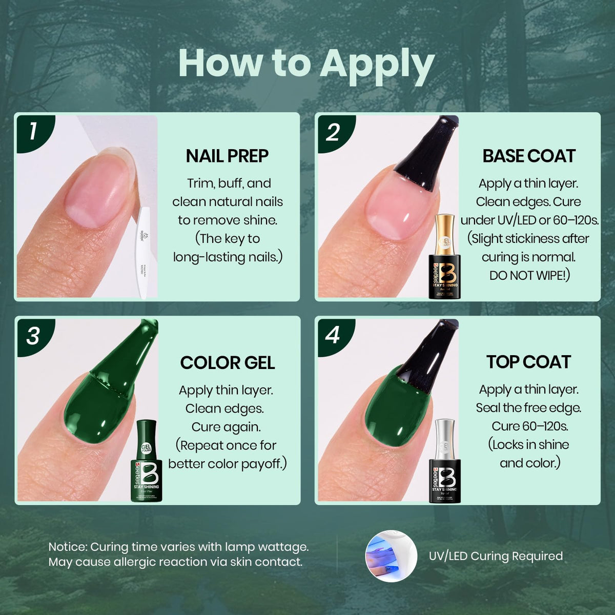 Beetles Green Gel Polish Dark Green bottle delivers bold, durable color
