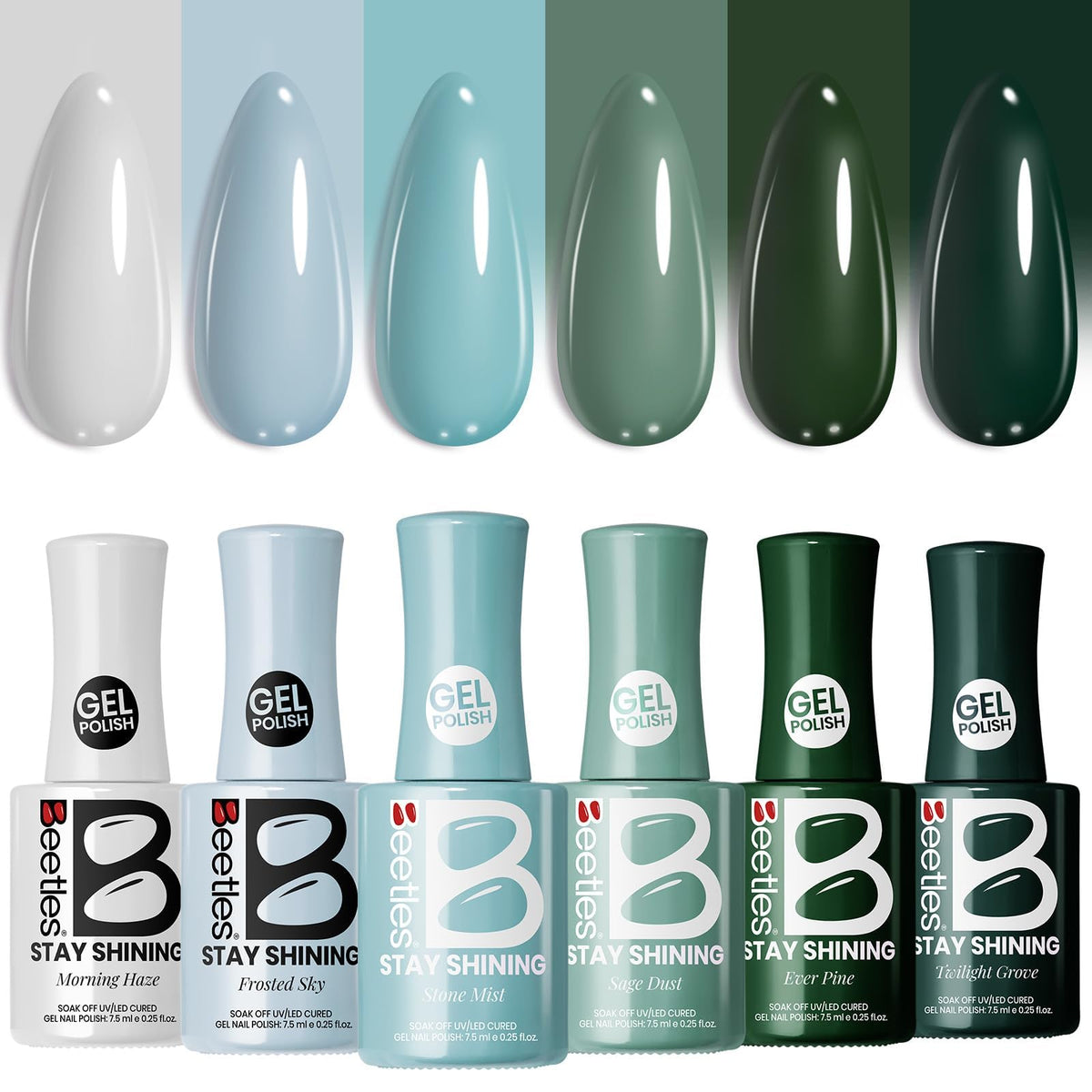 Beetles Green Gel Polish Stay Shining collection on display with long-wear potential