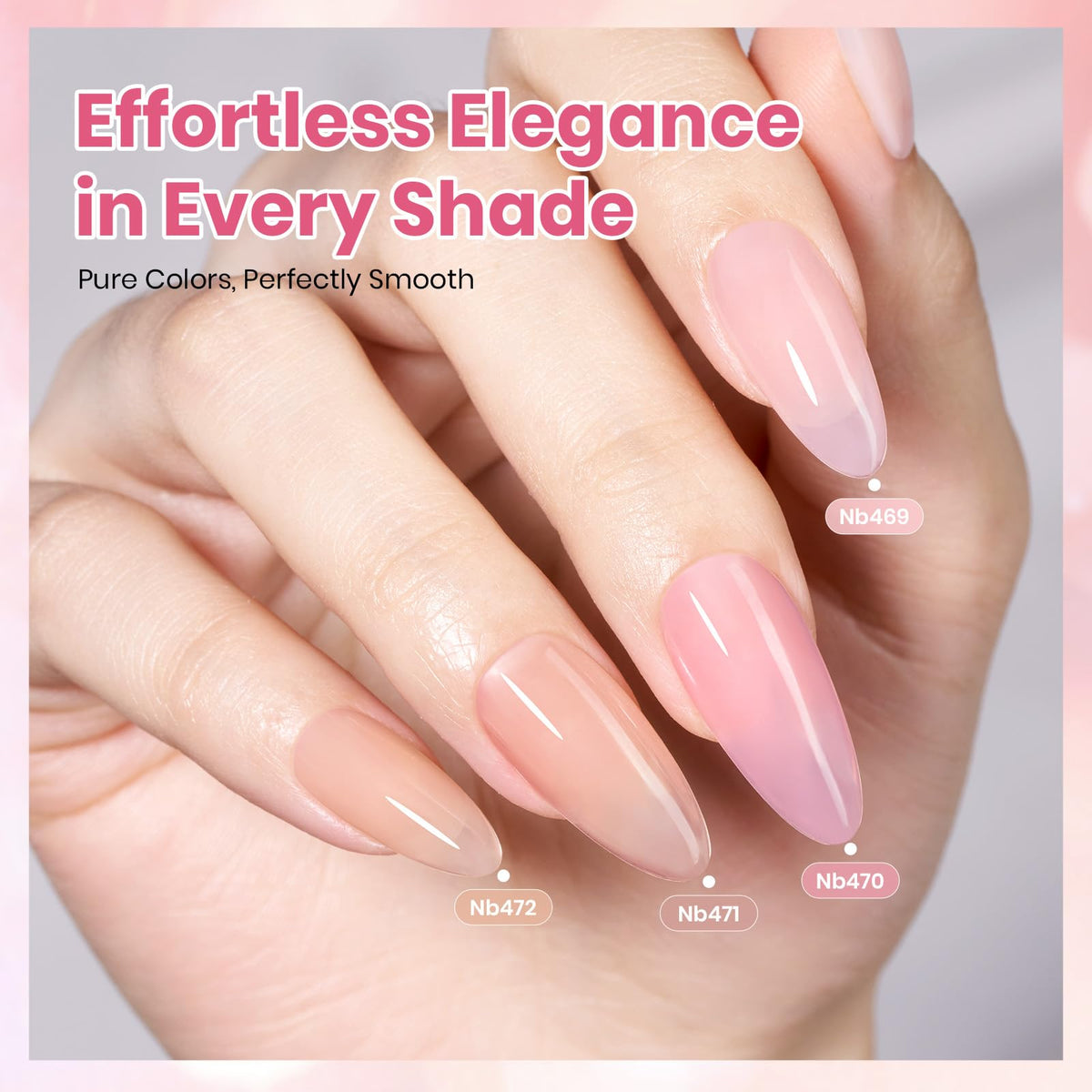 Beetles Jelly Gel Milky White bottle showcases a soft, sheer effect on nails.