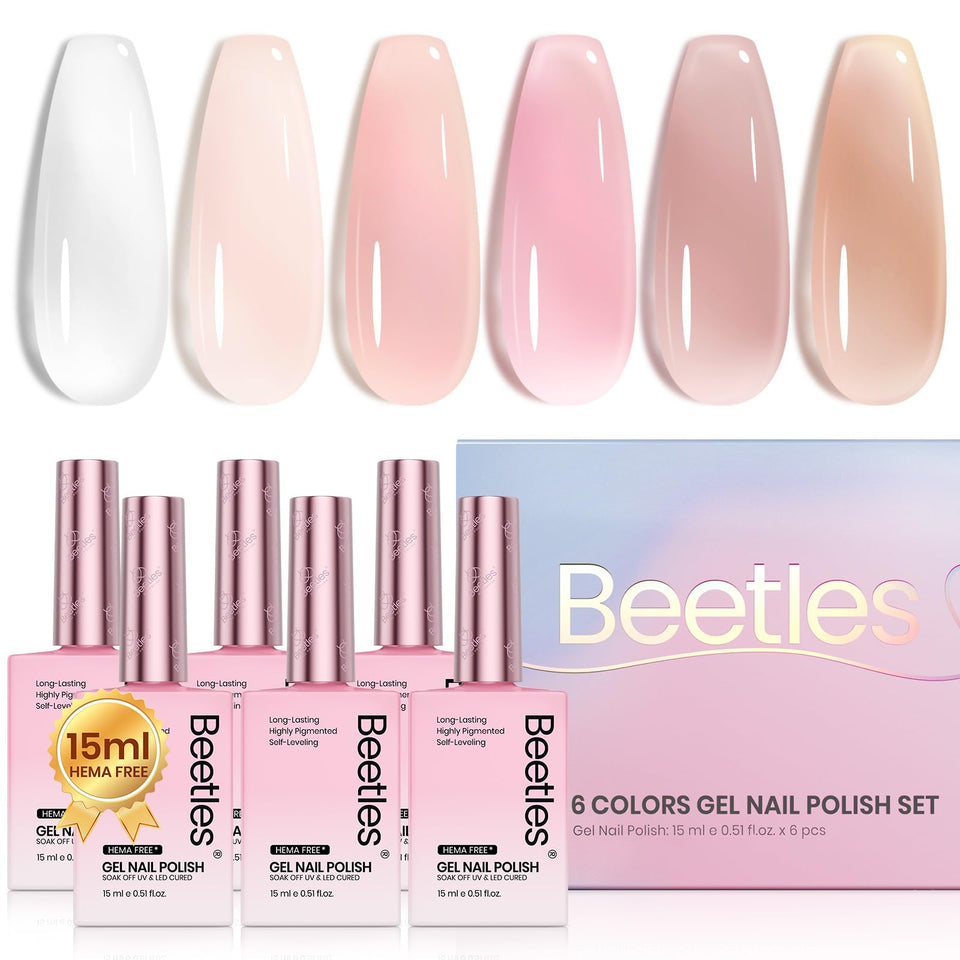 Beetles Jelly Gel Polish Set with six full-size bottles offers versatile color options for nails.