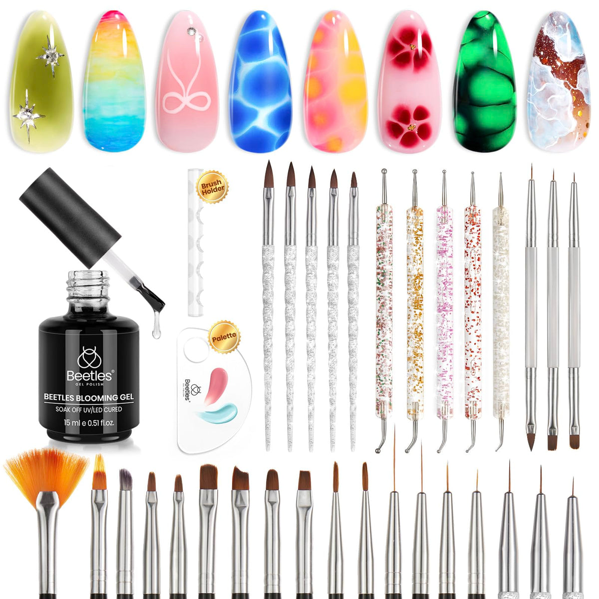 Beetles Nail Art Brushes 31pcs set for precise lines and detailed patterns.