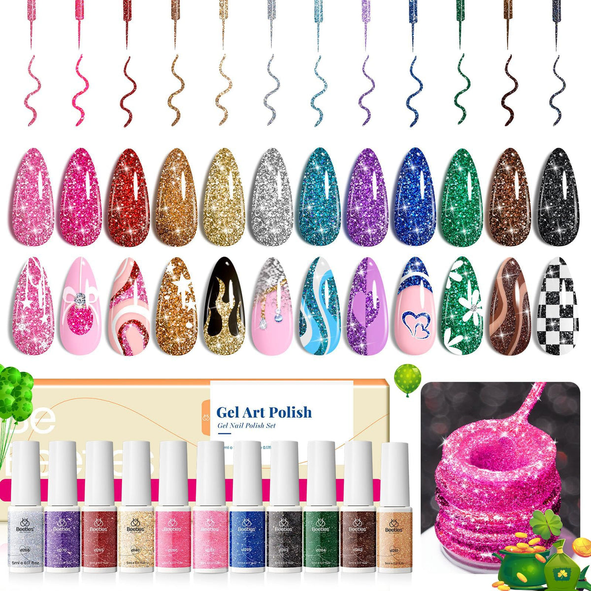 Beetles Gel Liner 12-color collection for precise lines and detailed nail art.