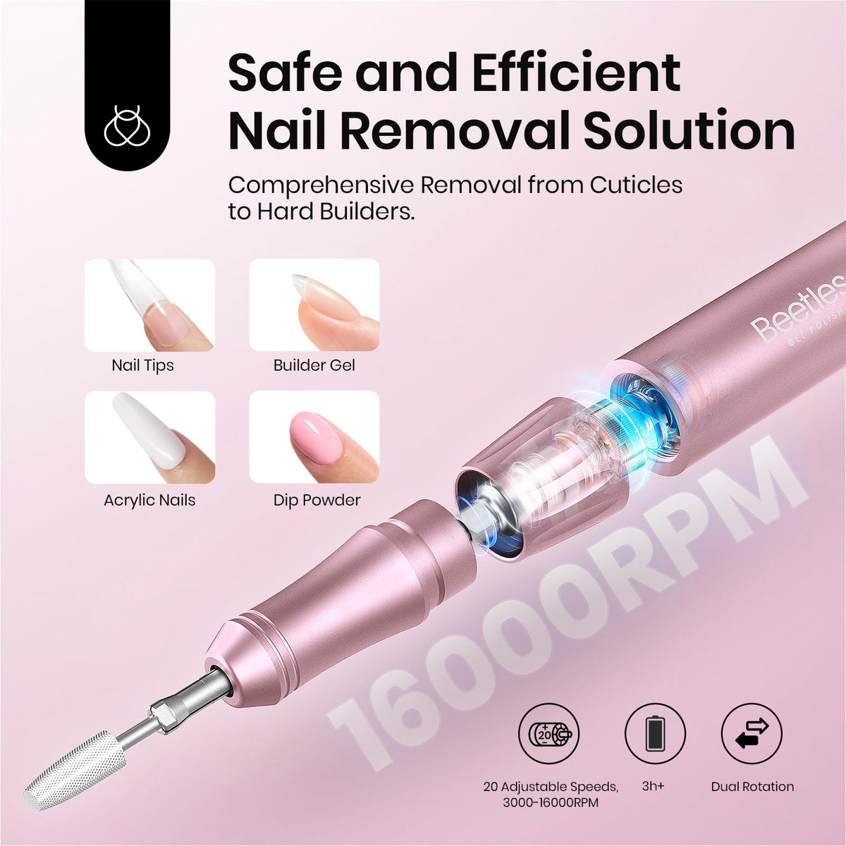 Beetles rose gold nail drill displays battery indicator for easy charging awareness.