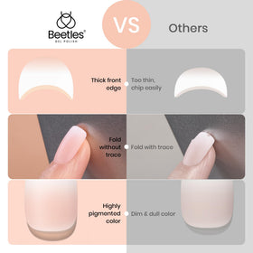 Close-up of nails on hand showing peach ombre finish.