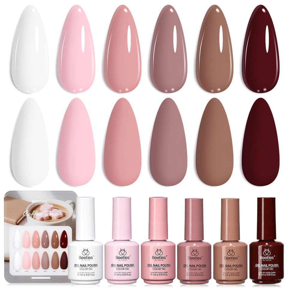 Beetles Nude Gel Polish Coffee Time kit showcases warm tones for everyday elegance on nails.