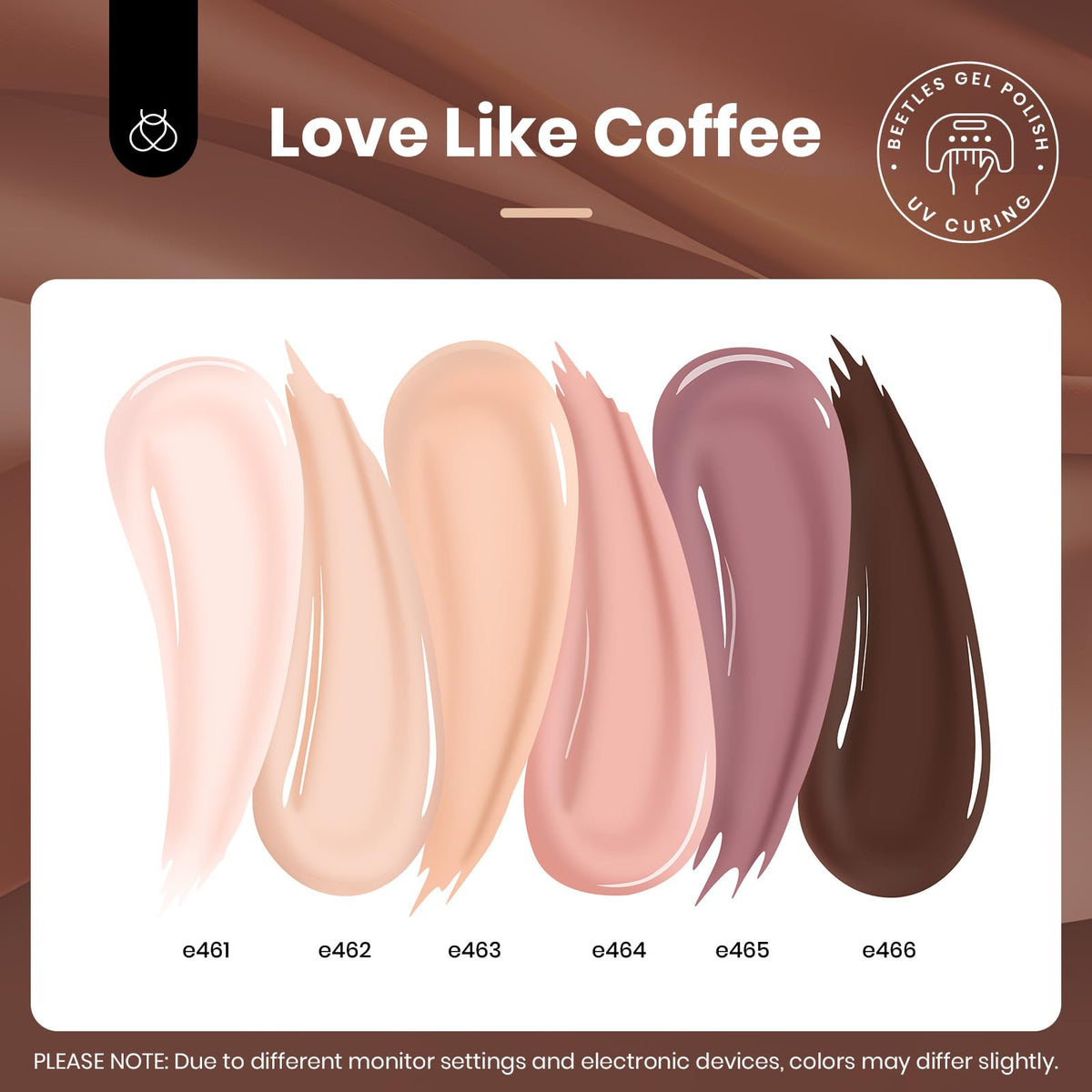Beetles Nude Gel Polish Set collection display highlights light to dark neutral shades.