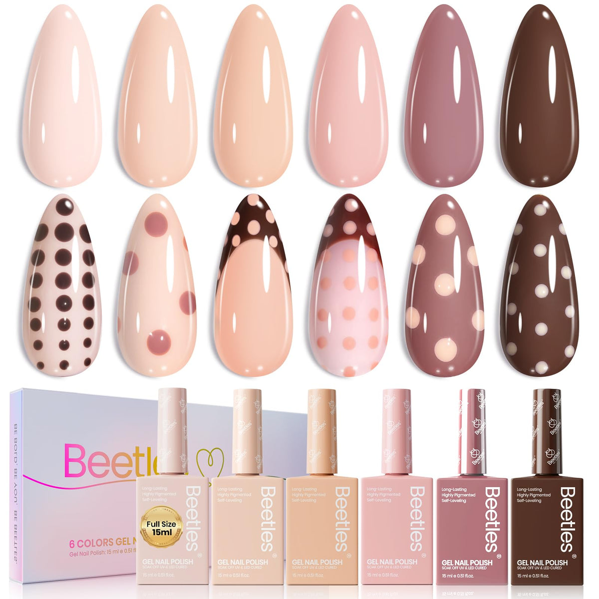 Beetles Nude Gel Polish Set packshot shows six shades for versatile nude nails.