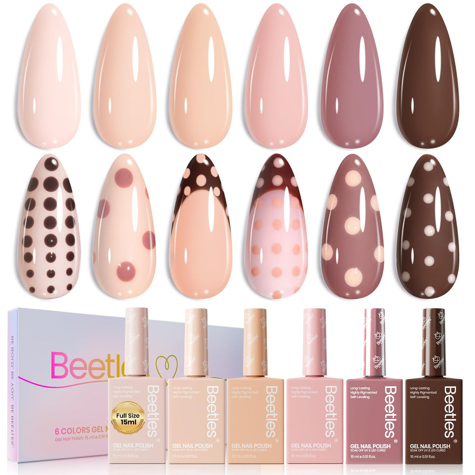 Beetles Nude Gel Polish Set packshot shows six shades for versatile nude nails.