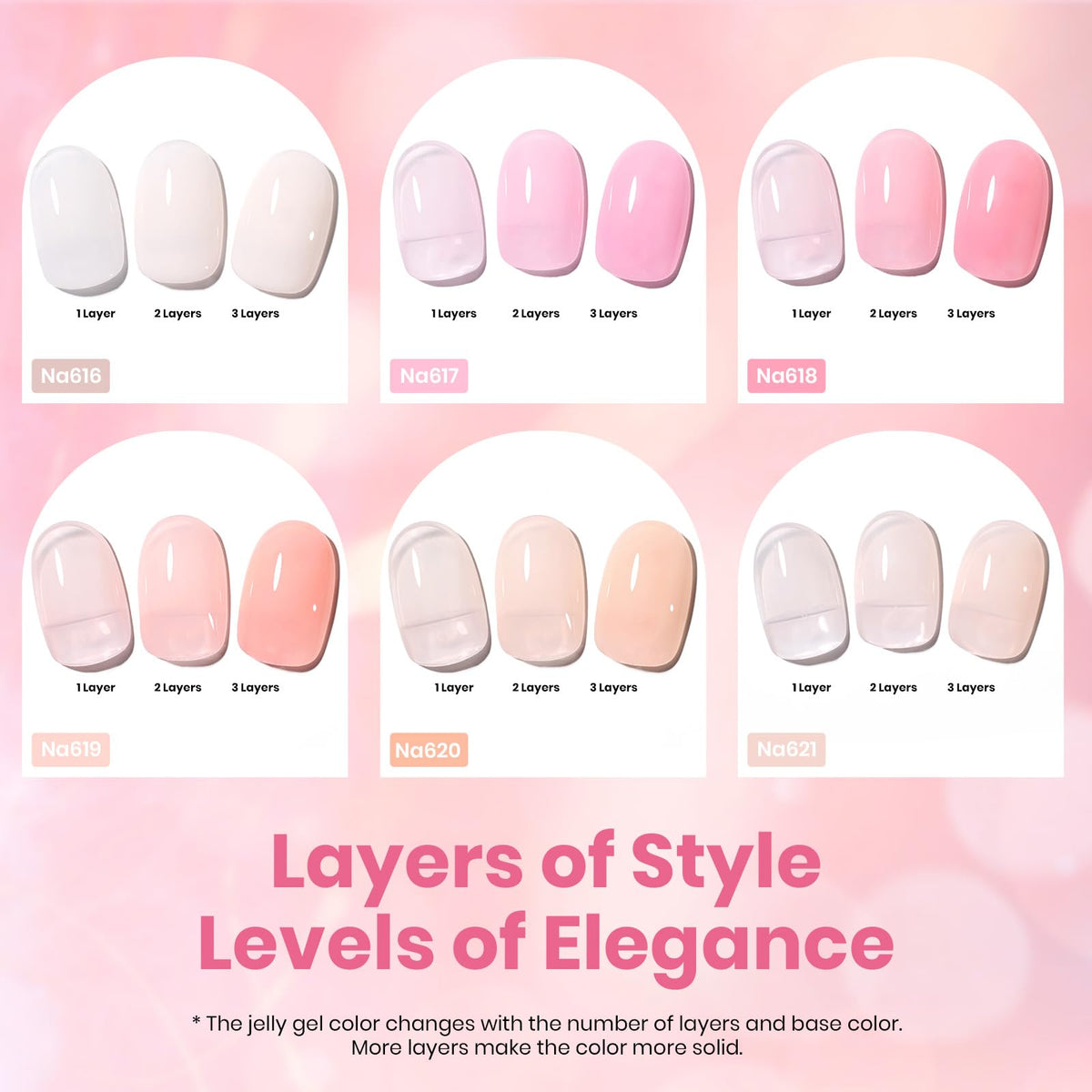 Beetles Nude Pink swatch chart displaying six nude pink jelly shades for versatile looks.