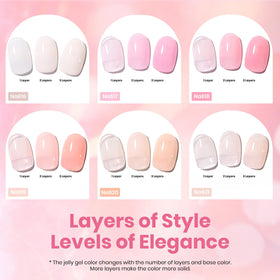 Beetles Nude Pink swatch chart displaying six nude pink jelly shades for versatile looks.