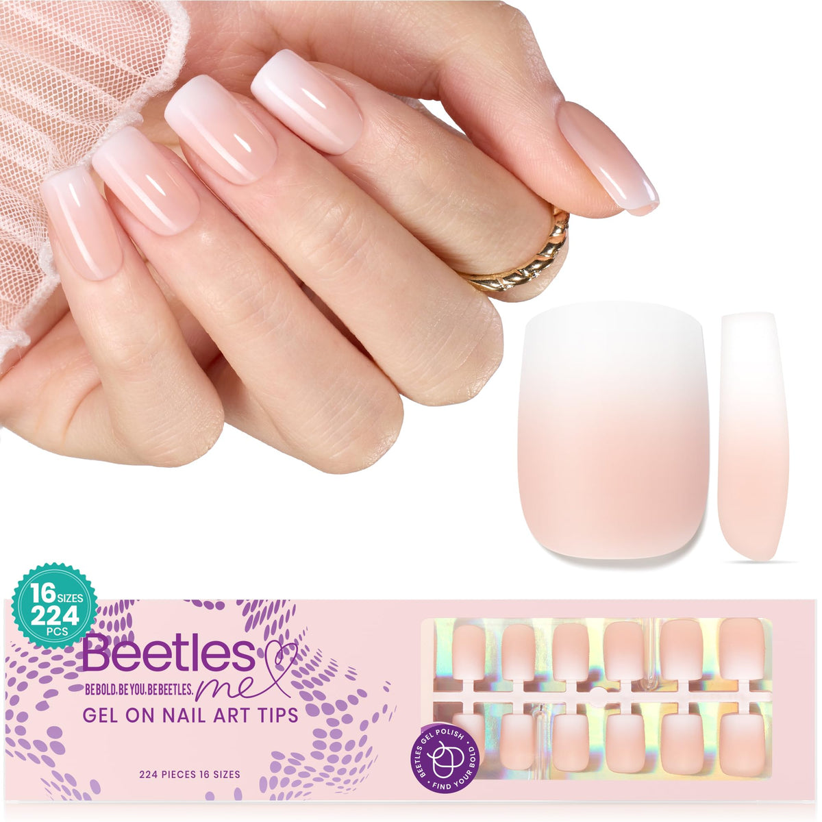 Beetles Ombre short square press-on nails kit, 224 pieces for home manicure.