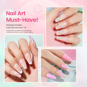 Beetles Pastel Gel Liner Set app tips demonstrate precise line art on nails.