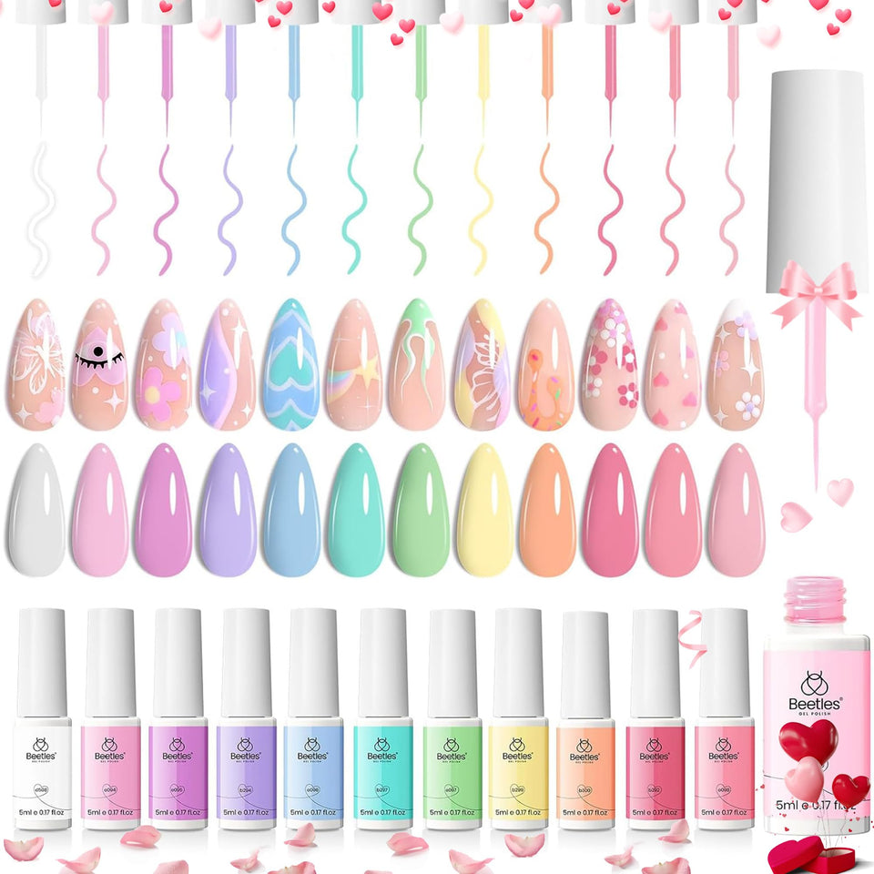 Beetles Pastel Gel Liner Set packaging shows 12 colors for versatile at-home manicures.